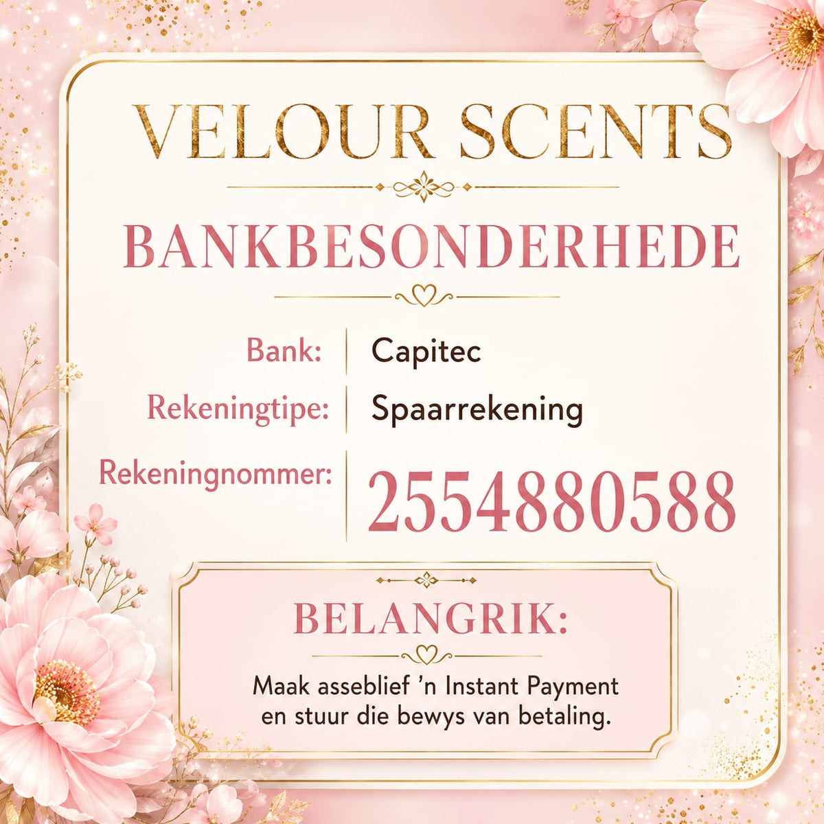 Velour Scents banking details - EFT payment